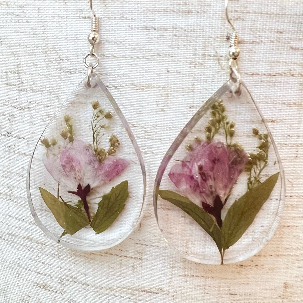 Teardrop Earrings with Pink Floral Design